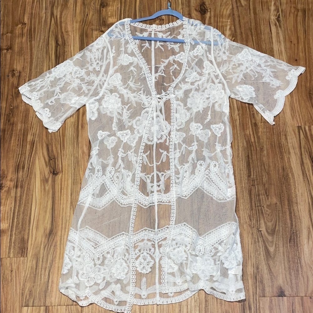 Mi Ami women’s large XL duster cardigan kimono  White Lace sheer tie front boho